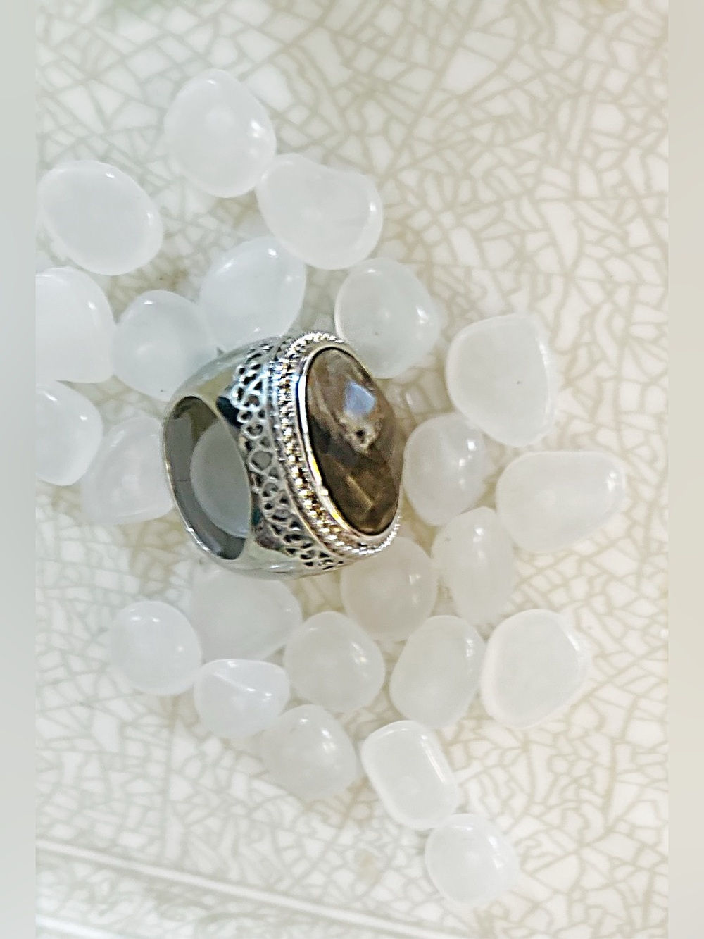 Gorgeous Silver tone faux smoky quartz Stone Oval Statement Ring